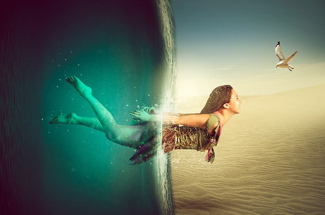 ps-《水下女孩-迎来希望之光》创意海报合成